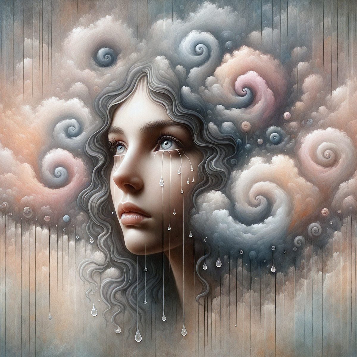 The primary subject of the image is a woman with long hair, who appears to be crying. She is surrounded by a cloudy, swirling background, which adds to the overall mood of the scene. The visual style of the image is a combination of digital art and illustration, creating a unique and artistic representation of the woman's emotions. The colors in the image are predominantly shades of gray, pink, and white, which contribute to the overall atmosphere of the scene.